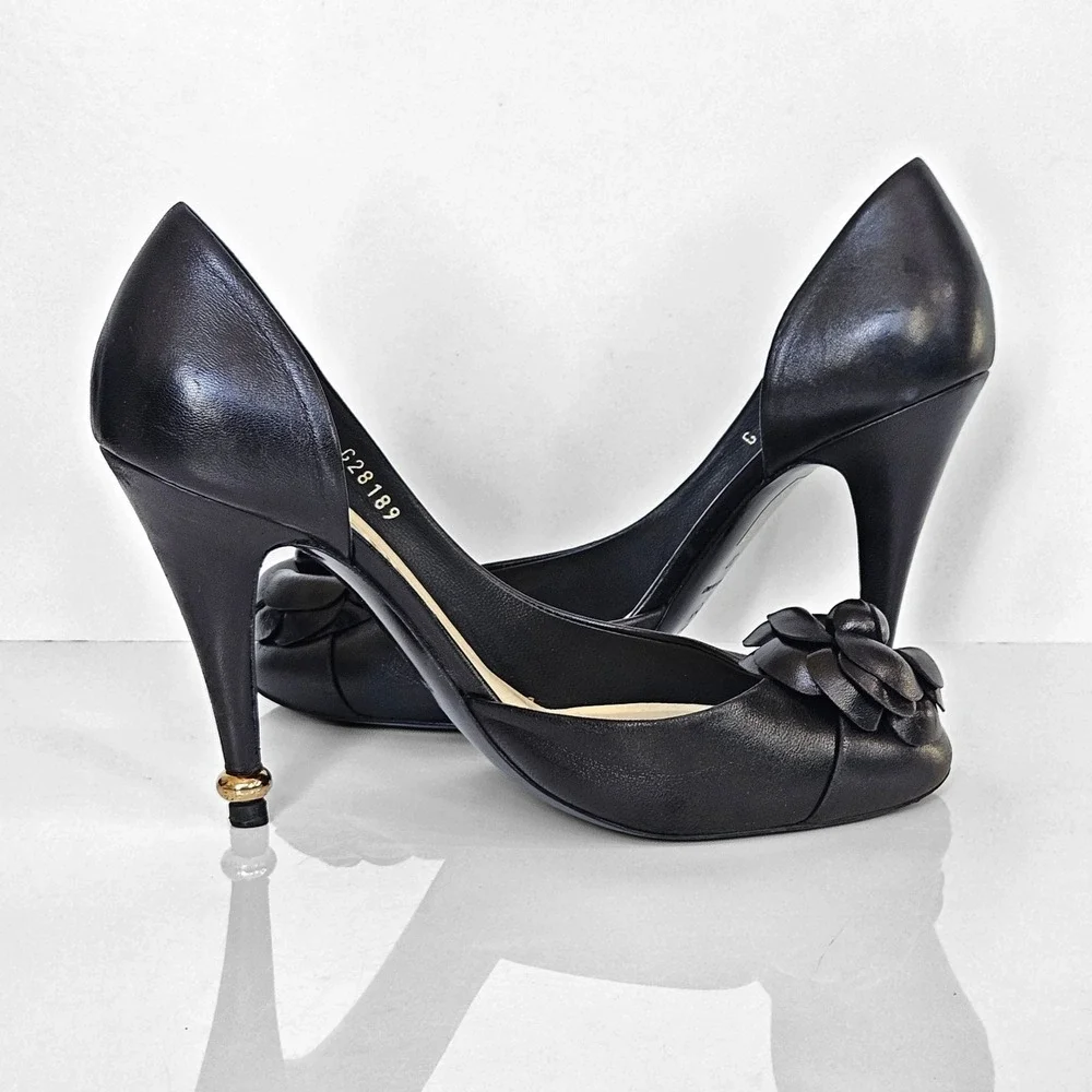 Chanel Black Leather Camellia‎ Half-d'Orsay Pumps 3D Floral Size 37